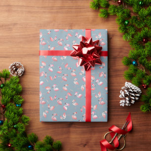 Tossed Christmas Flamingos on Light Gray-Blue Wrapping Paper