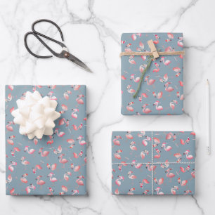 Tossed Christmas Flamingos on Light Gray-Blue Wrapping Paper Sheet