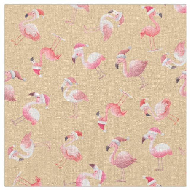 Tossed Christmas Flamingos on Light Orange Fabric (Close Up)