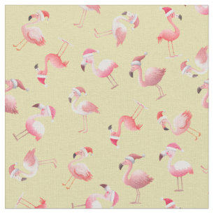 Tossed Christmas Flamingos on Light Yellow Fabric
