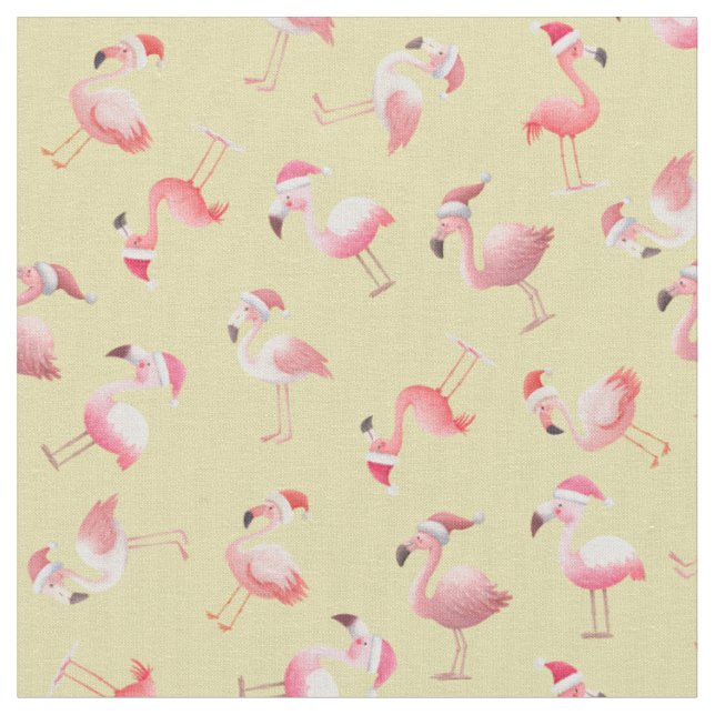 Tossed Christmas Flamingos on Light Yellow Fabric (Close Up)