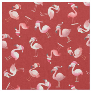 	Tossed Christmas Flamingos on Red Fabric