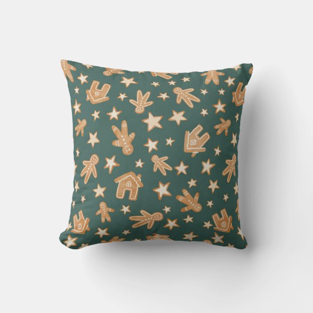 Tossed Christmas Gingerbread Cookies on Green Cushion (Front)