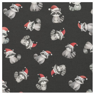 Tossed Christmas Raccoons on Black Fabric