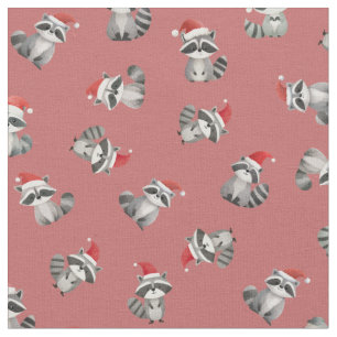 Tossed Christmas Raccoons on Faded Red Fabric