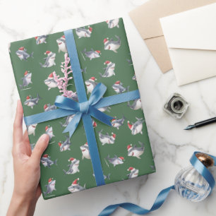 Tossed Christmas Sharks on Green Wrapping Paper