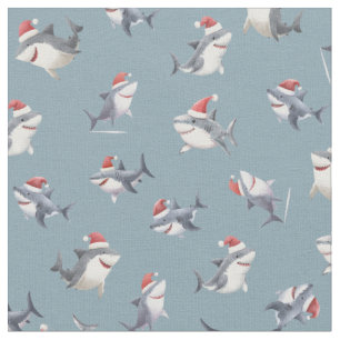 Tossed Christmas Sharks on Light Gray-Blue Fabric