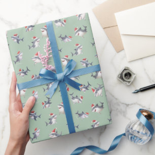 Tossed Christmas Sharks on Light Green Wrapping Paper