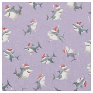 Tossed Christmas Sharks on Light Purple Fabric