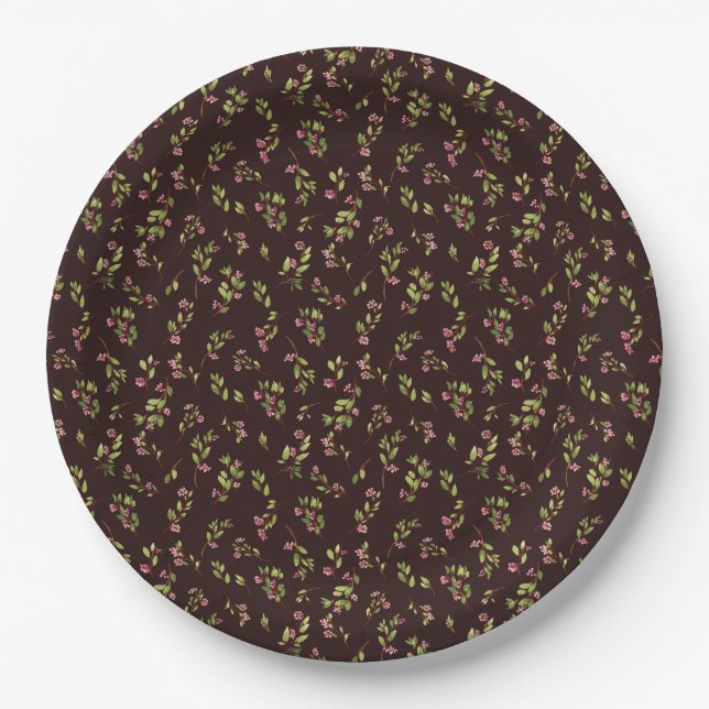 Tossed Floral Wildflowers on Chocolate Brown Paper Plate (Front)