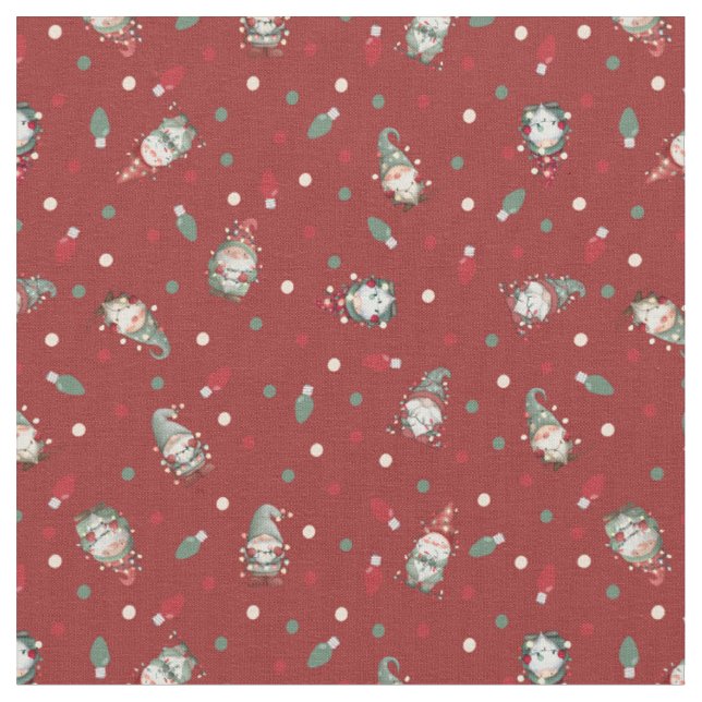 Tossed Gnomes Wrapped in Lights on Red Fabric (Close Up)