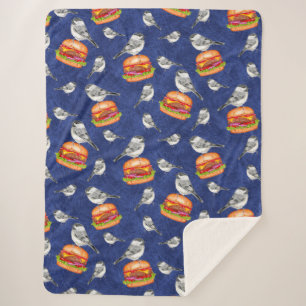Tossed Tahoe Cheeseburger Birds on Deep Blue Sherpa Blanket