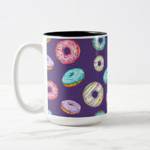 Tossed Watercolor Donuts on Dark Purple Two-Tone Coffee Mug