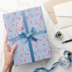 Tossed Watercolor Flamingos on Light Blue Wrapping Paper