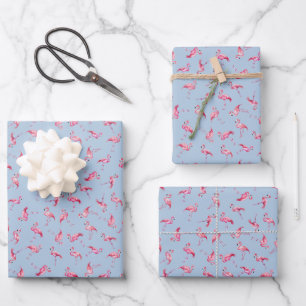 Tossed Watercolor Flamingos on Light Blue Wrapping Paper Sheet