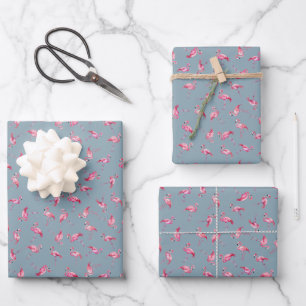 Tossed Watercolor Flamingos on Light Gray-Blue Wrapping Paper Sheet