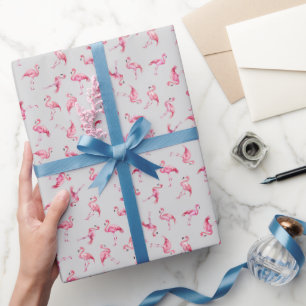 Tossed Watercolor Flamingos on Light Gray Wrapping Paper