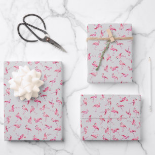 Tossed Watercolor Flamingos on Light Gray Wrapping Paper Sheet