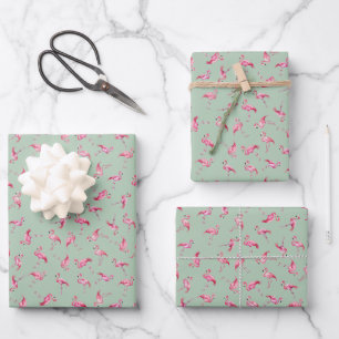Tossed Watercolor Flamingos on Light Green Wrapping Paper Sheet