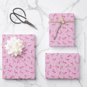 Tossed Watercolor Flamingos on Light Pink Wrapping Paper Sheet