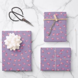 Tossed Watercolor Flamingos on Light Purple Wrapping Paper Sheet