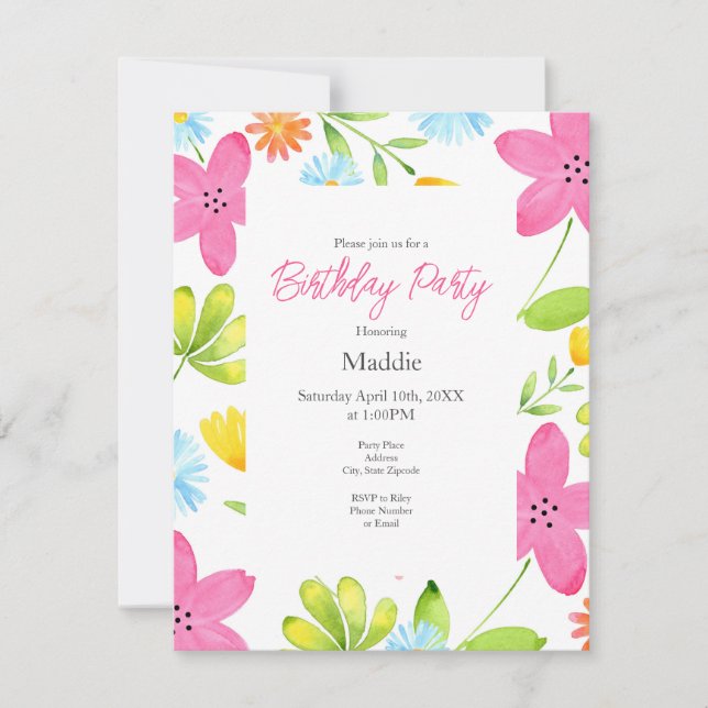 Tossed Watercolor Flowers Invitation (Front)