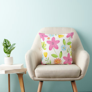 Tossed Watercolor Flowers Throw Pillow