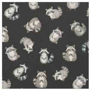 Tossed Watercolor Raccoons on Black Fabric