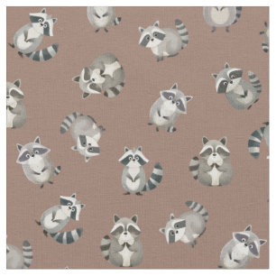 Tossed Watercolor Raccoons on Brown Fabric