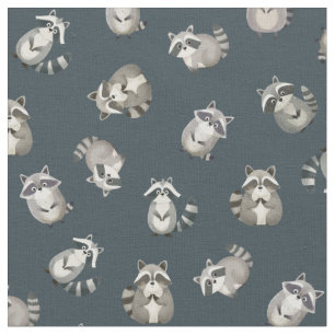 Tossed Watercolor Raccoons on Dark Gray-Blue Fabric