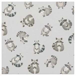 Tossed Watercolor Raccoons on Light Gray Fabric