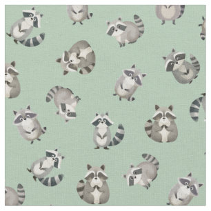 Tossed Watercolor Raccoons on Light Green Fabric