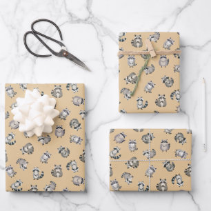 Tossed Watercolor Raccoons on Light Orange Wrapping Paper Sheet