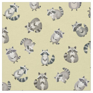 Tossed Watercolor Raccoons on Light Yellow Fabric