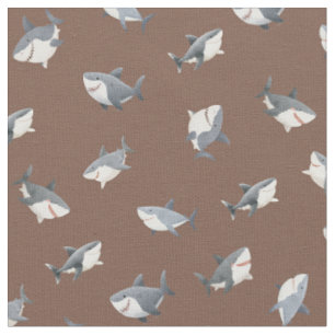 Tossed Watercolor Sharks on Brown Fabric