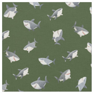 Tossed Watercolor Sharks on Dark Green Fabric