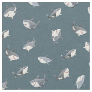 Tossed Watercolor Sharks on Grey-Blue Fabric