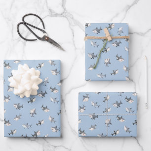 Tossed Watercolor Sharks on Light Blue Wrapping Paper Sheet