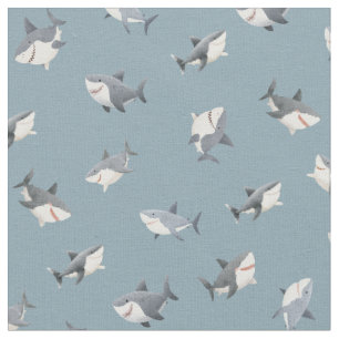 Tossed Watercolor Sharks on Light Grey-Blue Fabric