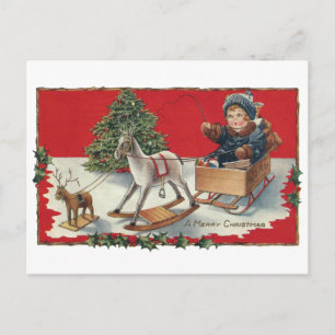 Tot Aboard Pretend Sleigh with Pretend Reindeer Postcard