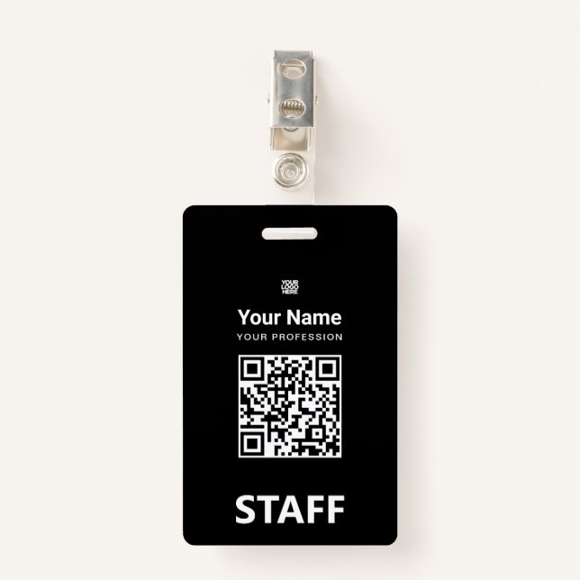 Total black Employee Qr Code, Bar Code, Logo, Name ID Badge (Front with Clip)