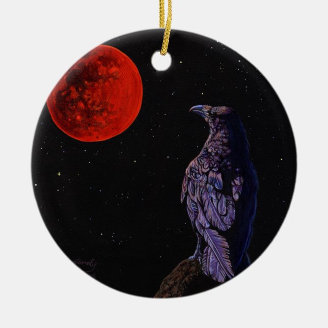 Total Lunar Eclipse Crow Raven Painting Art Ceramic Tree Decoration (Front)