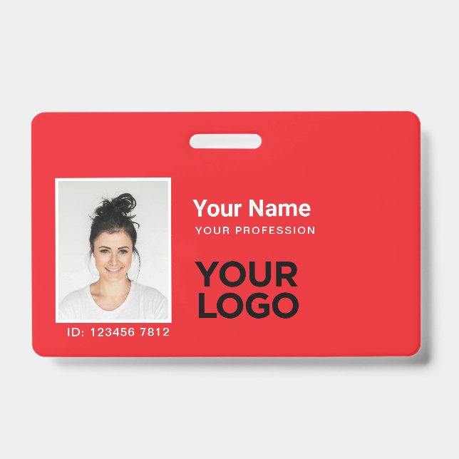 Total Red Employee Photo Bar or Qr Code Logo Name ID Badge (Front)