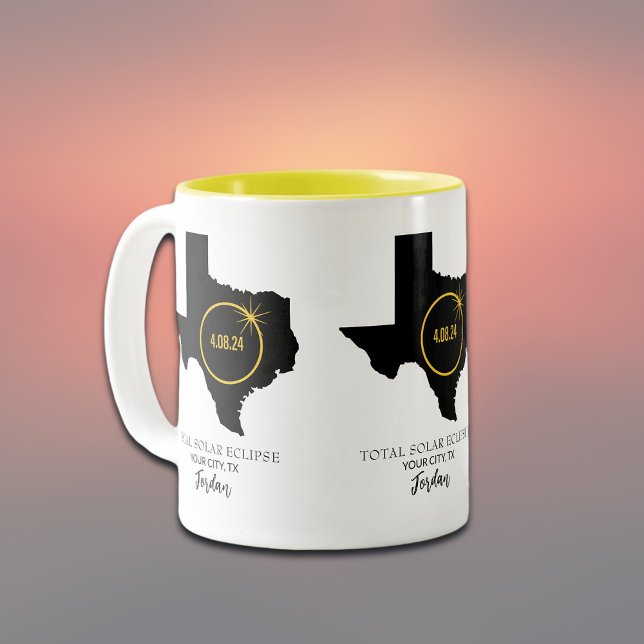 Total Solar Eclipse 2024 Custom Name, City Texas Two-Tone Coffee Mug (Customize with your City & State in Texas, all text editable.)