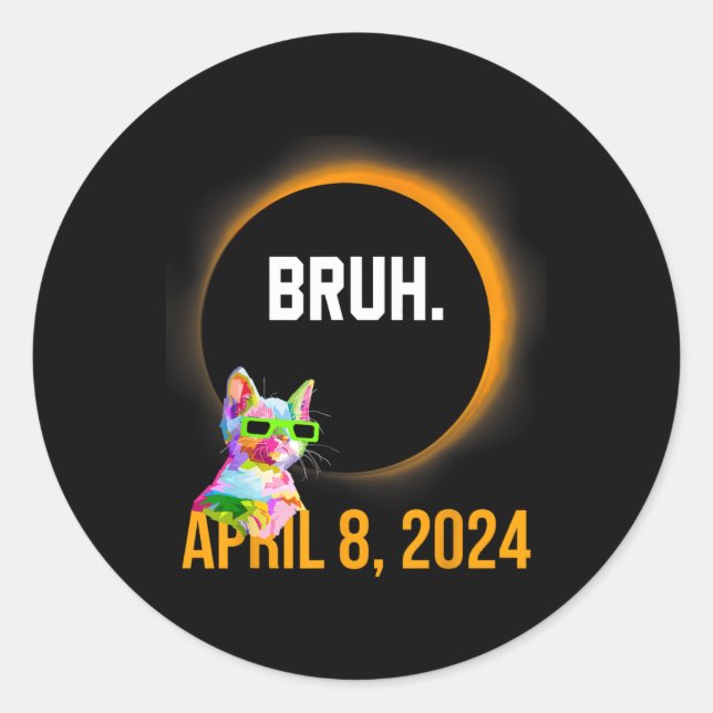 Total Solar Eclipse 2024 Fun Cat Saying Bruh Meme  Classic Round Sticker (Front)