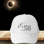 Total Solar Eclipse 2024 Optional Custom City Trucker Hat<br><div class="desc">This trucker hat commemorates the April 8,  2024 total solar eclipse that will cross from Mexico into the USA and Canada. Click "Personalise this Template" to easily add or remove a custom city and state. Available in various colours that are perfect for men and women.</div>