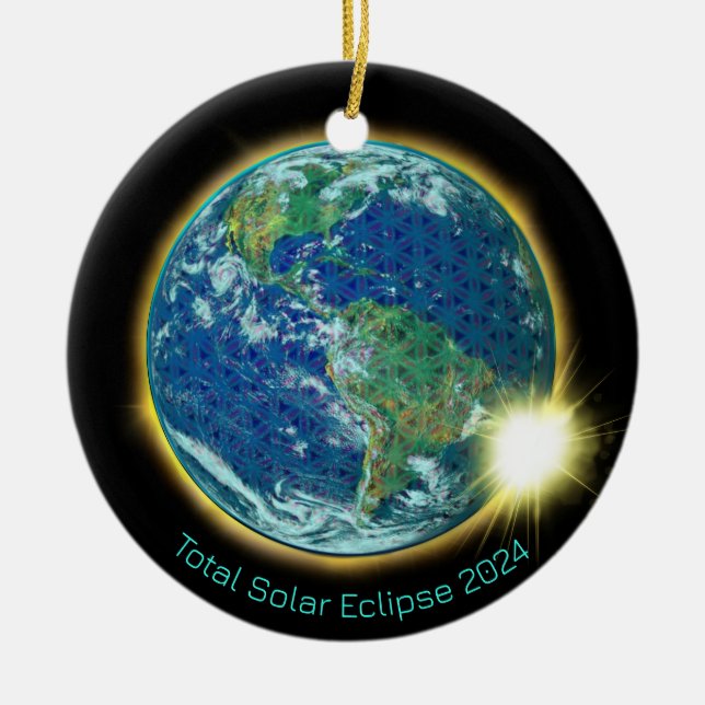 Total Solar Eclipse 2024 sacred geometry  Ceramic Tree Decoration (Front)
