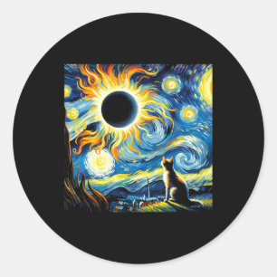 Total Solar Eclipse 2024 Van Gogh Starry Night Cat Classic Round Sticker