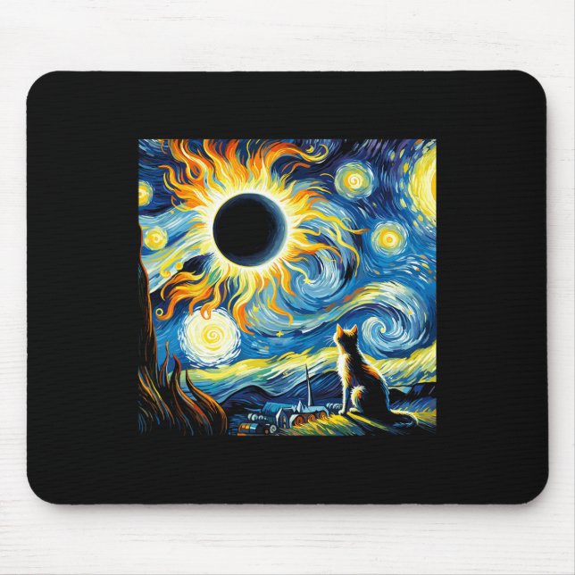 Total Solar Eclipse 2024 Van Gogh Starry Night Cat Mouse Mat (Front)