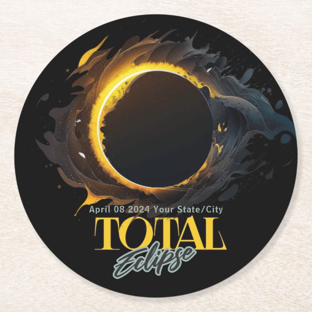Total Solar Eclipse 2024 Your City State Black  Round Paper Coaster (Front)